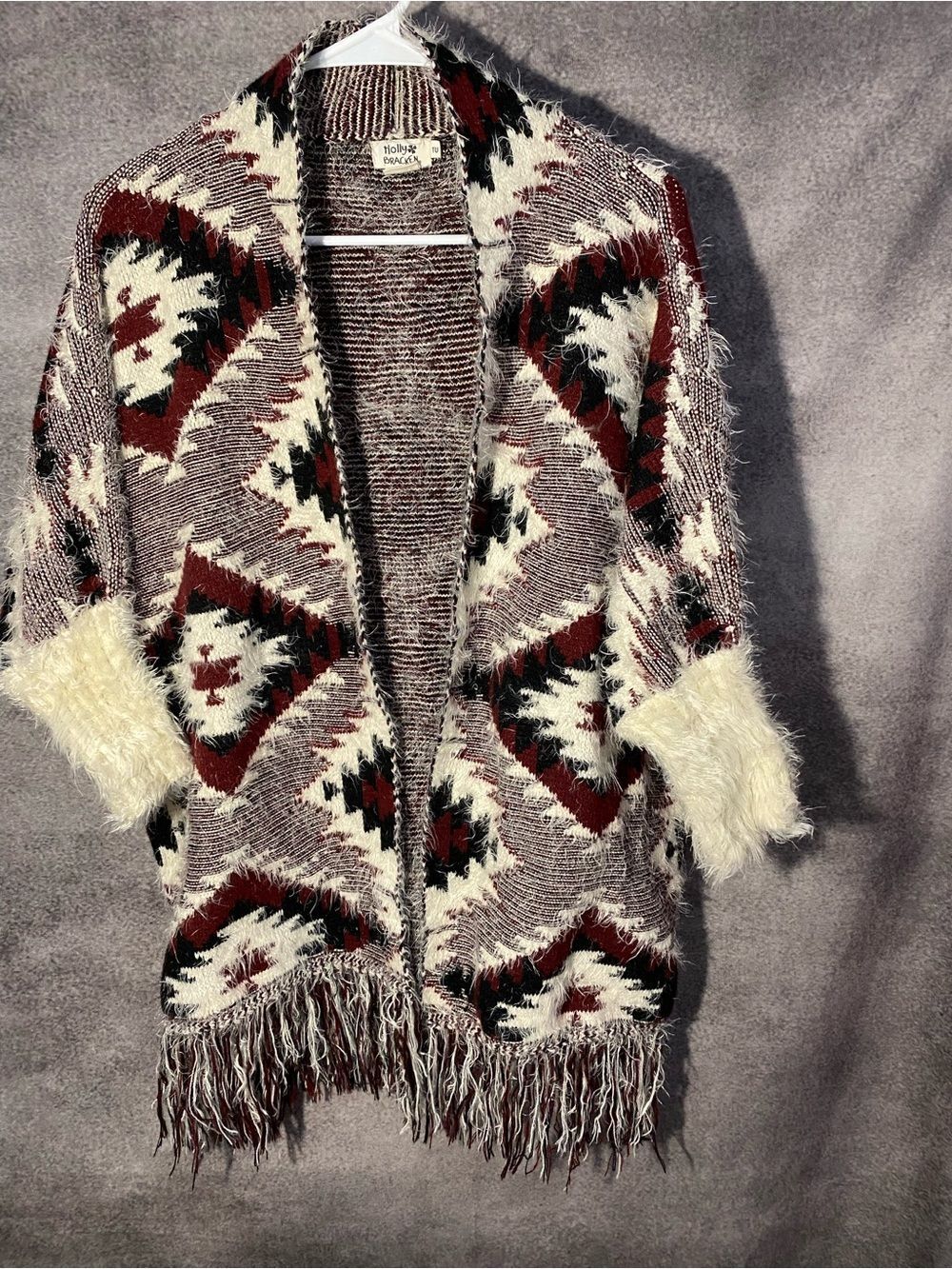 Molly Bracken Southwestern Fringe, Cardigan Sweater Aztec Geometric Shaggy Knit